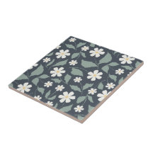 Dark Teal Daisy Folk Art Muted Sage Vintage