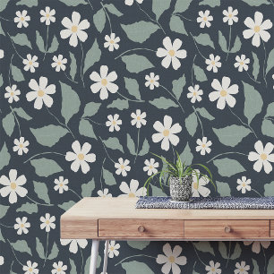 Dark Teal Daisy Folk Art Muted Sage Vintage Wallpaper