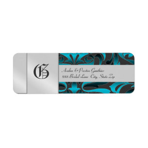 Dark Teal Damask Monogram Silver Wedding  Label