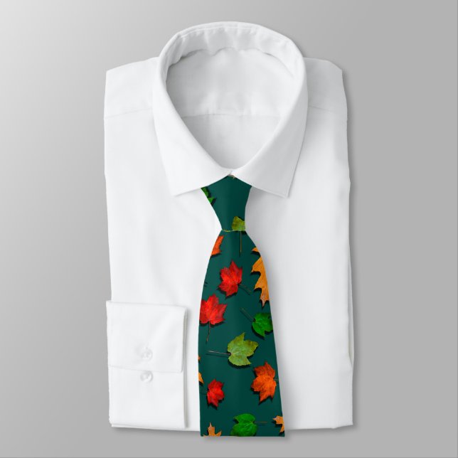Dark Teal Fall Leaves Seasonal Mens Tie (Tied)