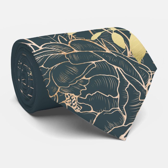 Dark Teal & Faux Gold Peony Modern Floral Wedding Tie (Rolled)