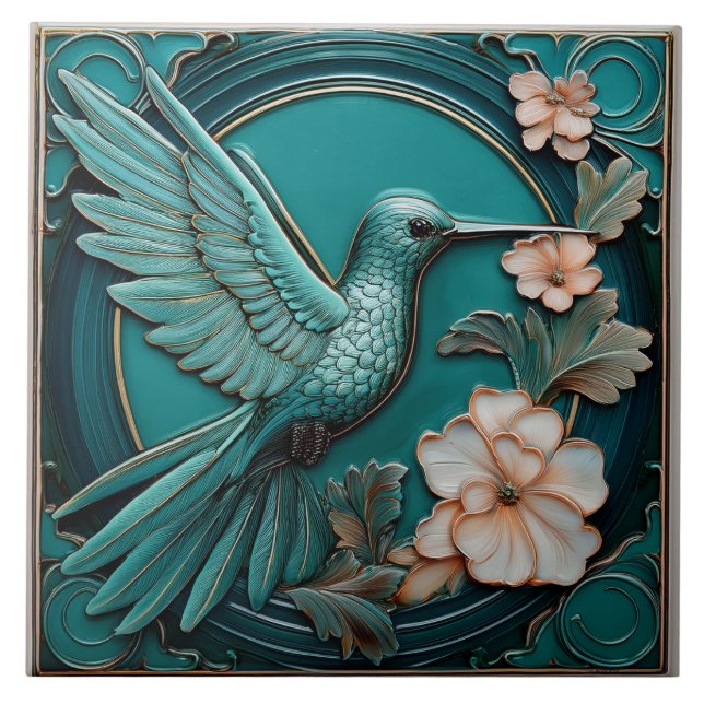 Dark teal faux relief Art Nouveau Hummingbird R Tile (Front)