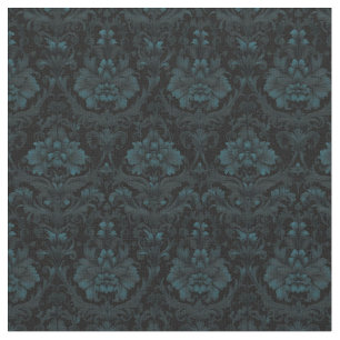 Dark Teal Floral Damask on Black Fabric