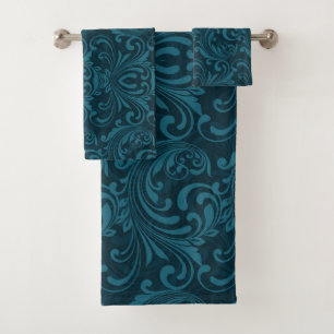 Dark teal floral damask pattern bath towel set