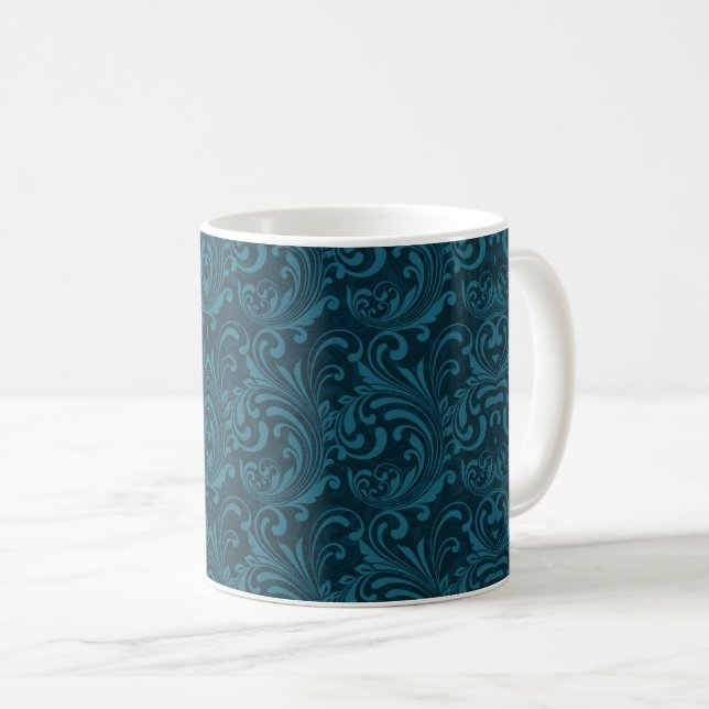 Dark teal floral damask pattern coffee mug (Front Right)