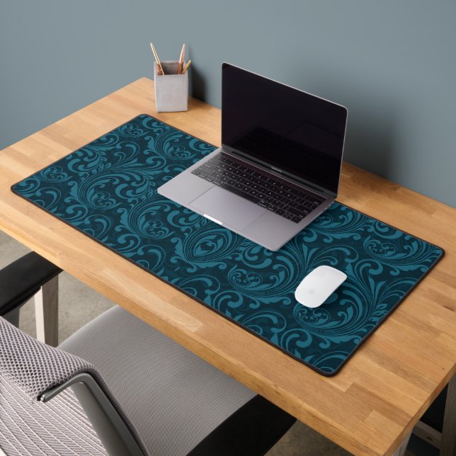 Dark teal floral damask pattern desk mat (Office 2)