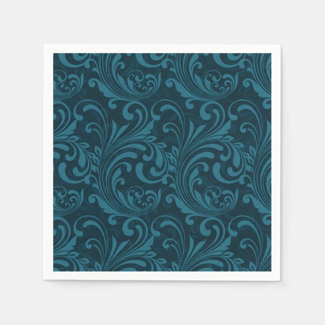 Dark teal floral damask pattern napkin (Front)