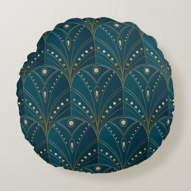 Dark teal floral damask pattern round cushion (Front)