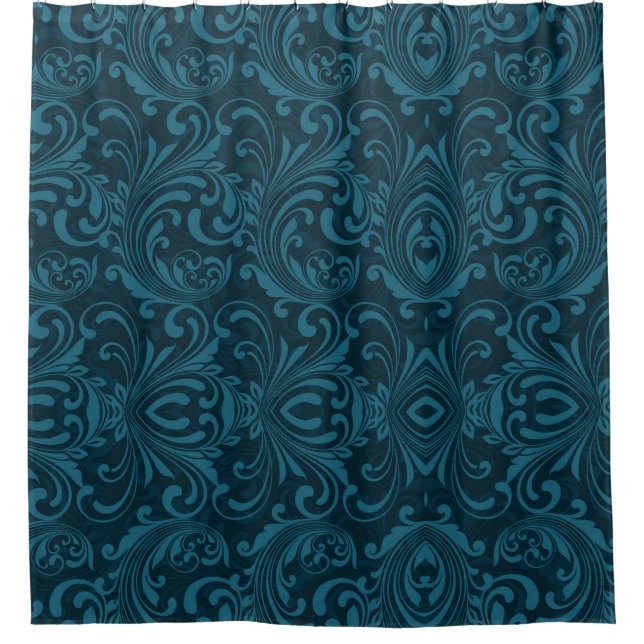 Dark teal floral damask pattern shower curtain (Front)