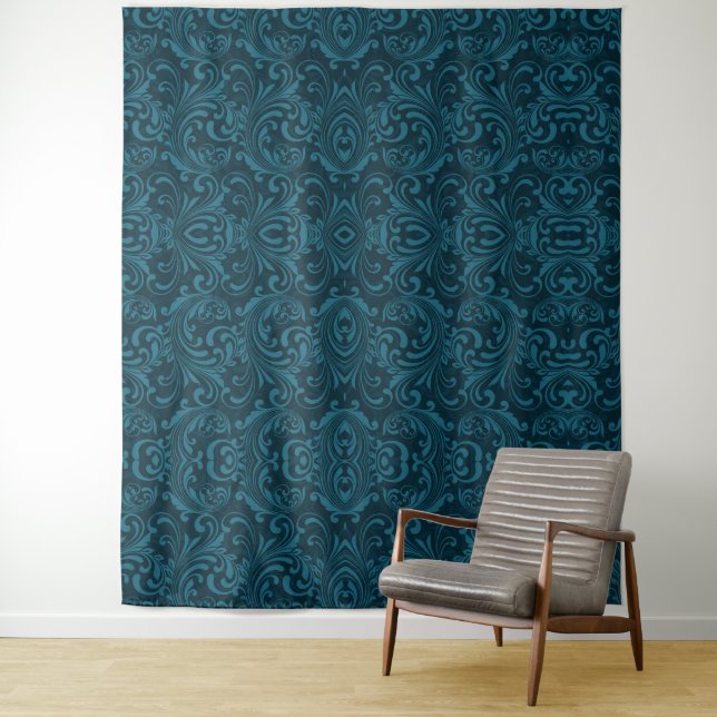 Dark teal floral damask pattern tapestry (In Situ)