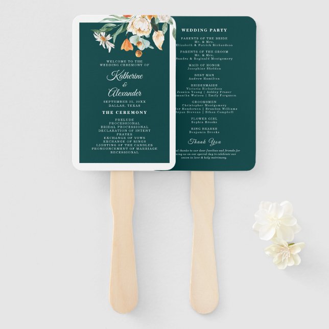 Dark Teal Floral Elegant Script Wedding Program Hand Fan (Front and Back)