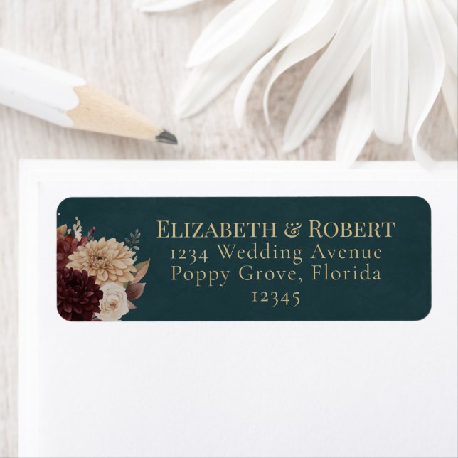 Dark Teal Floral Gothic Wedding Address Label (Insitu)
