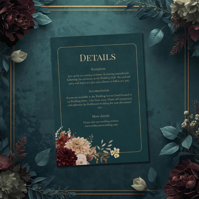 Dark Teal Floral Gothic Wedding Details Card (Dark Teal Floral Gothic Wedding Details Card on a teal wedding table with vintage flowers.)