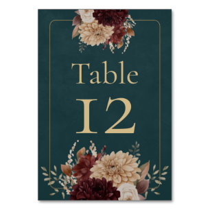 Dark Teal Floral Gothic Wedding Table Number