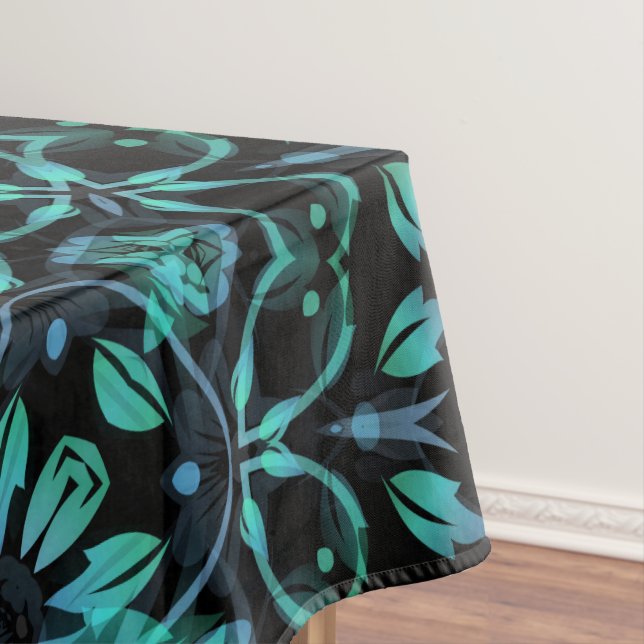 Dark Teal Floral Noir Mandala Tablecloth (In Situ)