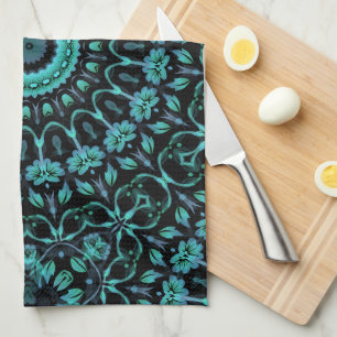 Dark Teal Floral Noir Mandala Tea Towel