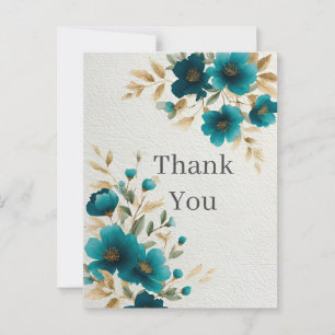 Dark Teal Flowers & Gold Leaves Thank You Card