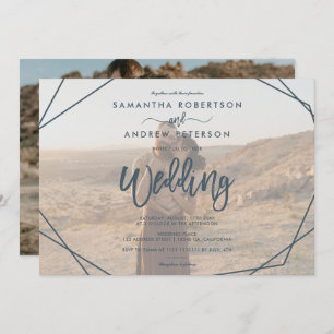 Dark teal frame simple photo script wedding invitation