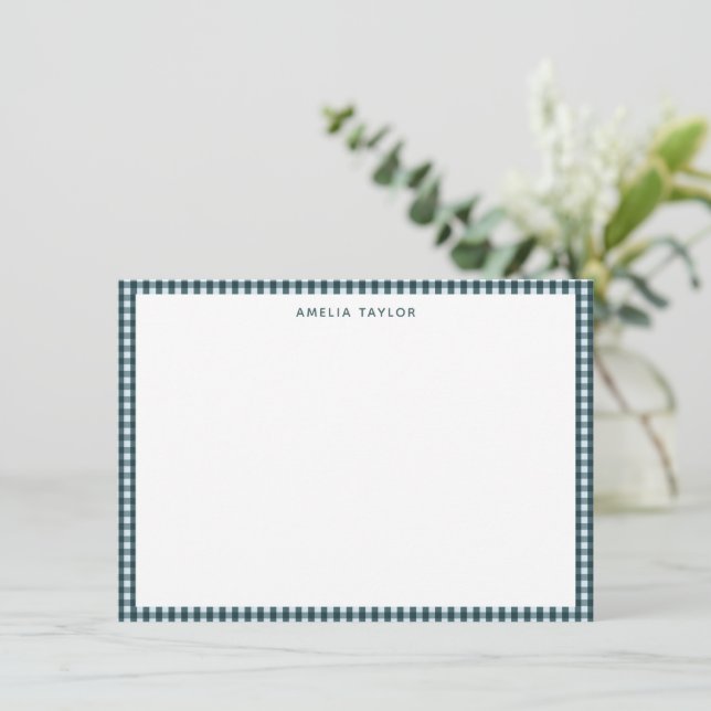 Dark Teal Gingham Border Personalised Stationery Card (Standing Front)