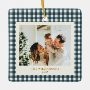 Dark Teal Gingham Family Photo Personalised 2026 Ceramic Ornament