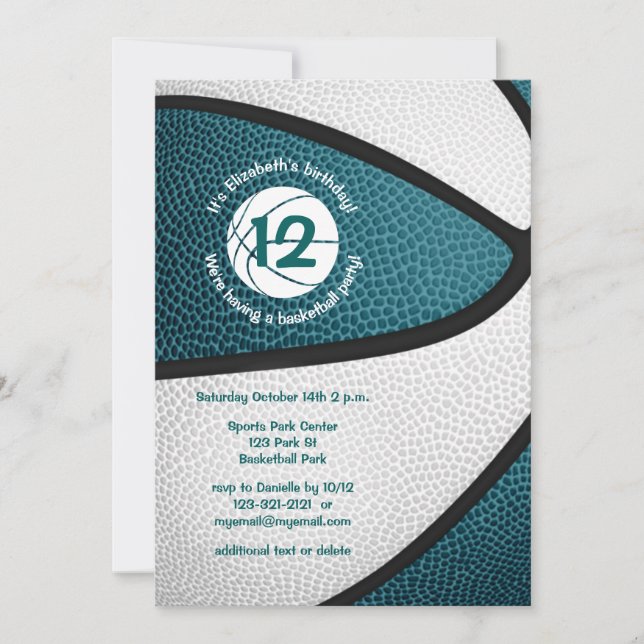 dark teal girls basketball team birthday party invitation (Front)