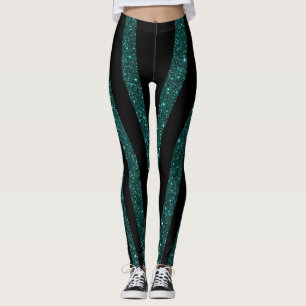 Dark Teal Glitter Black Stripes Leggings