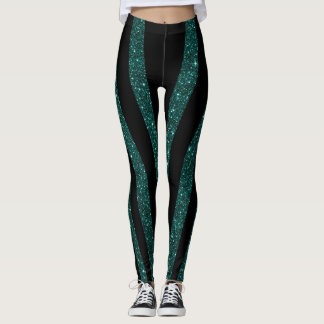 Dark Teal Glitter Black Stripes Leggings