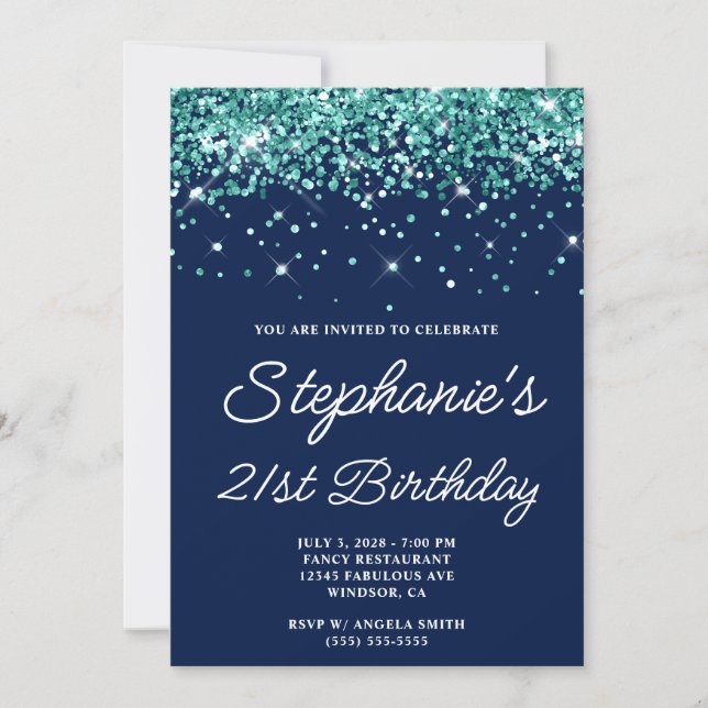 Dark Teal Glitter Midnight Blue 21st Birthday Invitation (Front)