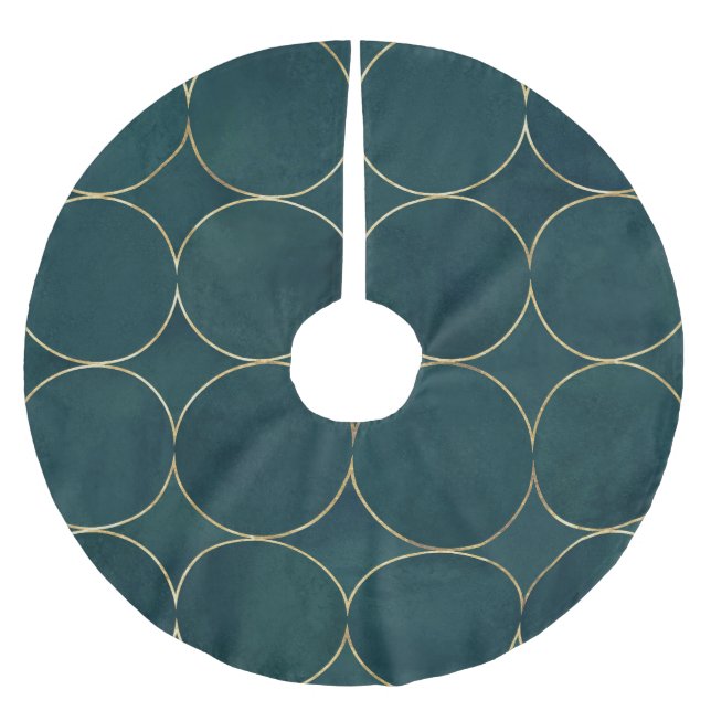 Dark Teal, Gold Circles Watercolor. Brushed Polyester Tree Skirt (Front)