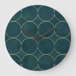 Dark Teal, Gold Circles Watercolor. Large Clock