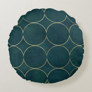 Dark Teal, Gold Circles Watercolor. Round Cushion
