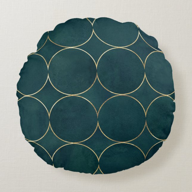 Dark Teal, Gold Circles Watercolor. Round Cushion (Front)