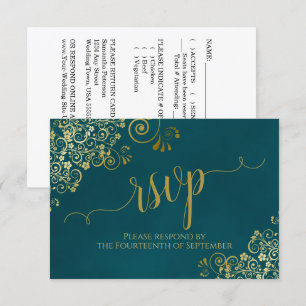 Dark Teal & Gold Elegant Lacy Calligraphy Wedding RSVP Card