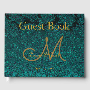 Dark Teal Gold Floral Fall Wedding Monogram Guest Book