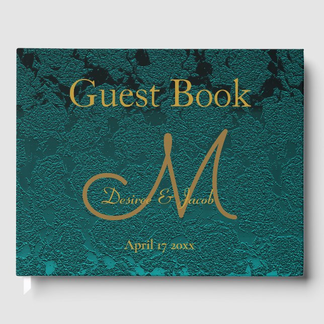 Dark Teal Gold Floral Fall Wedding Monogram Guest Book (Front)