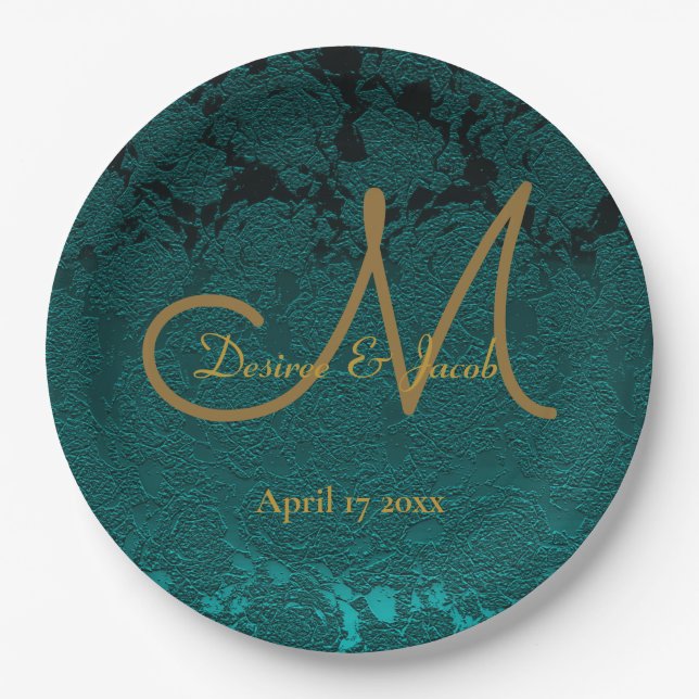 Dark Teal Gold Floral Fall Wedding Monogram Paper Plate (Front)