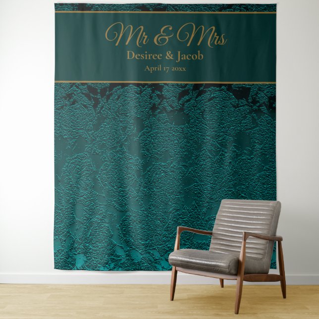 Dark Teal Gold Floral Fall Wedding Photo Backdrop Tapestry (In Situ)