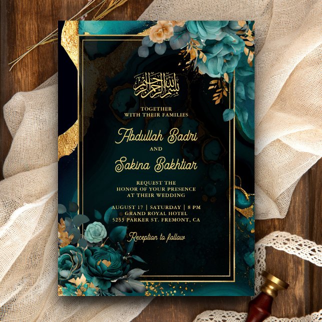 Dark Teal Gold Floral QR Code Muslim Wedding Invitation (Creator Uploaded)