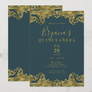 Dark Teal & Gold Lace Elegant Quinceañera Party   Invitation