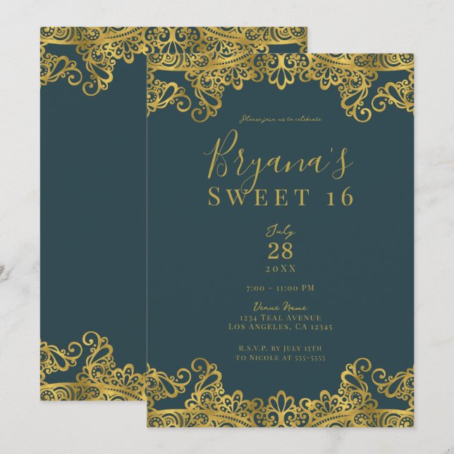 Dark Teal & Gold Lace Elegant Sweet 16 Party   Invitation (Front/Back)