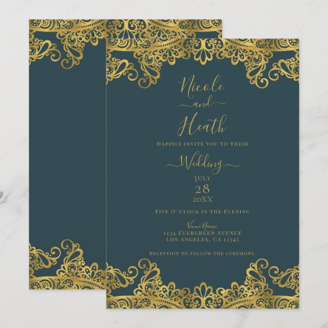 Dark Teal & Gold Lace Elegant Wedding  Invitation (Front/Back)
