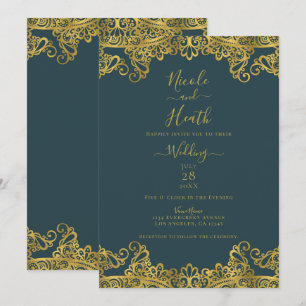 Dark Teal & Gold Lace Elegant Wedding  Invitation