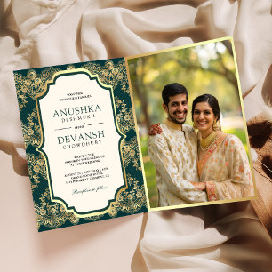 Dark Teal Gold Lace QR Code Photo Indian Wedding Invitation