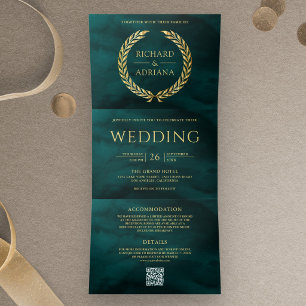 Dark Teal Gold Laurel Minimal QR Code Wedding Tri-Fold Invitation