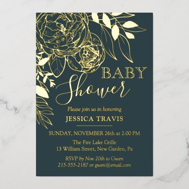 Dark Teal & Gold Modern Floral Baby Shower (Front)