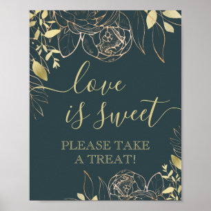 Dark Teal & Gold Modern Floral Favour Table Poster