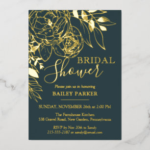 Dark Teal & Gold Modern Floral Peony Bridal Shower