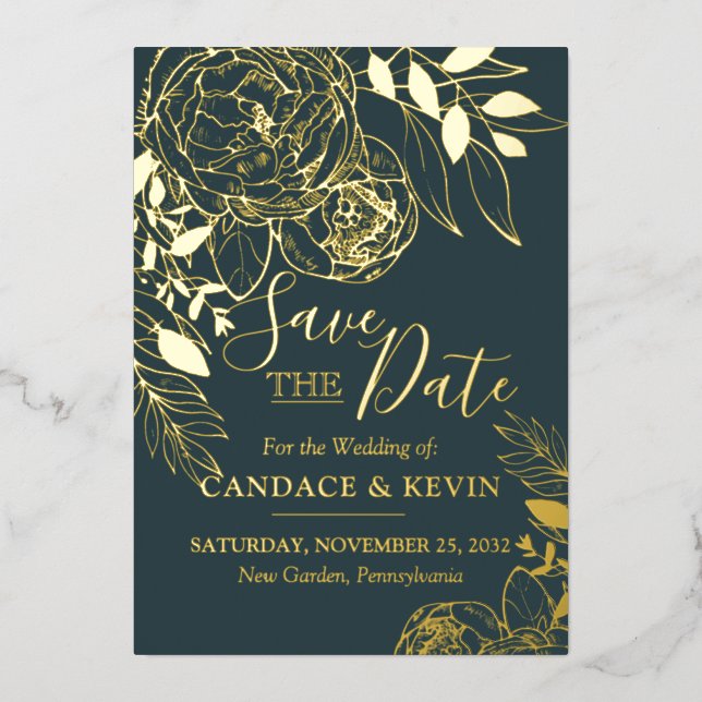 Dark Teal & Gold Modern Floral Peony Save the Date (Front)