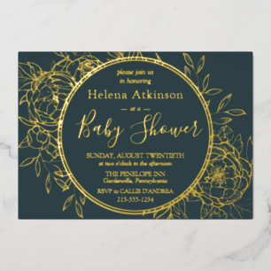 Dark Teal & Gold Modern Peony Toile Baby Shower