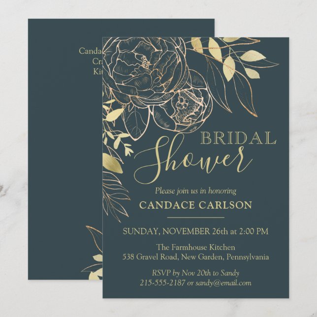 Dark Teal & Gold Peony Modern Floral Bridal Shower Invitation (Front/Back)